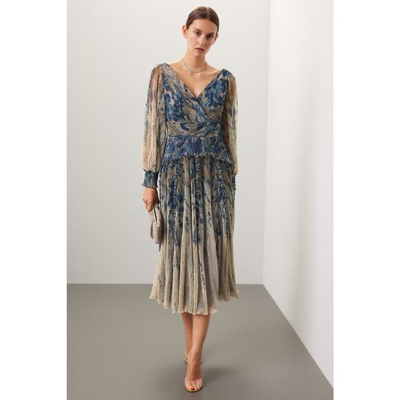 RENE RUIZ COLLECTION Blue Gold Swirled Floral Flowing Tiered Boho Maxi Dress 12 - Picture 2 of 16